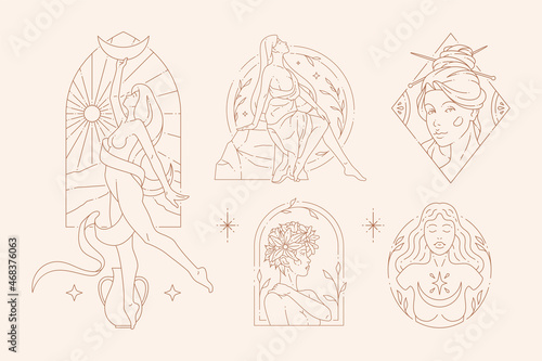 Monochrome linear logo beautiful elegant antique esoteric woman half moon botanical icon set vector