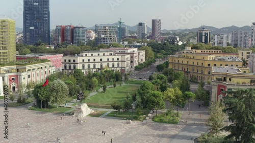 Aerial view Tirana Albania. The central square of the city with historic buildings, a monument, a mosque and skyscrapers on the background. photo