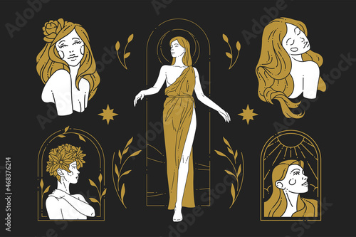 Antique goddess Greek woman with blossom botanical abstract golden and black design icon set