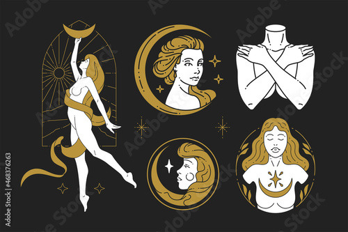 Minimalistic icon golden and black set esoteric magic woman with half moon and stars vector
