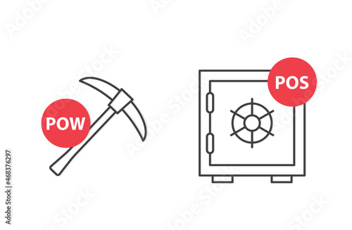 POW (Proof of Work) and POS (Proof of Stake) concept icons, methods of obtaining cryptocurrencies - vector illustration
