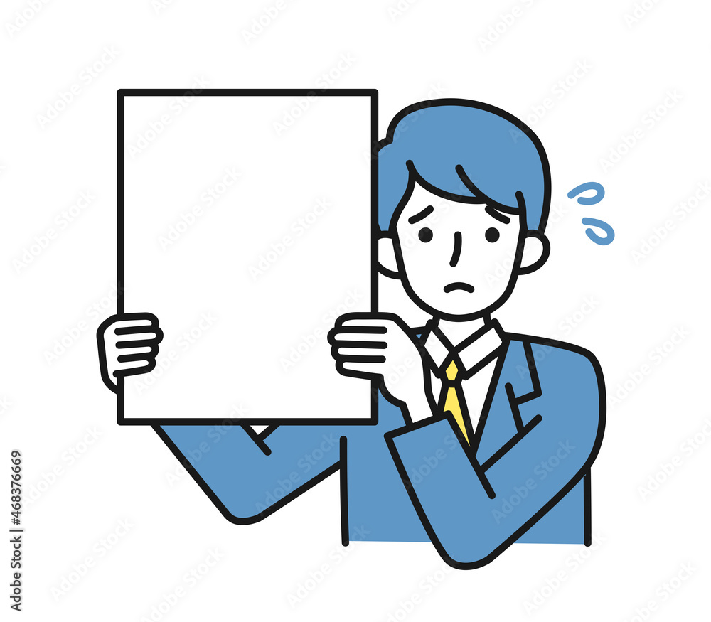 残念なお知らせをボードで見せる男性のイラスト素材 残念なお知らせをボードで見せる男性のイラスト素材