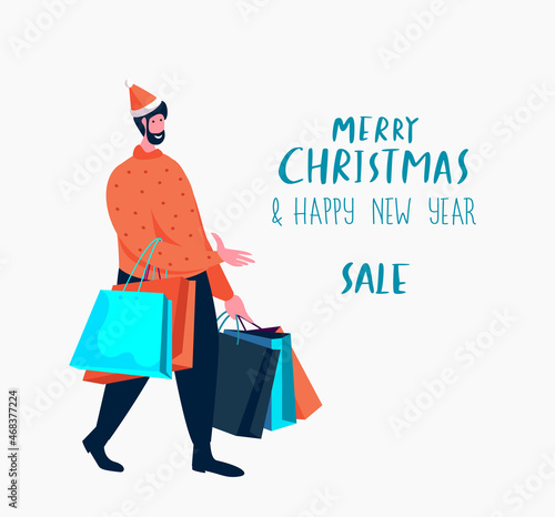 Merry Christmas and Happy New Year Shopping. Happy Adult Man in Santa Claus Hat Buy Festive Purchases Presents Gifts Packages for Winter Holidays.Fairy Atmosphere of Xmas Sale Flat Vector Illustration