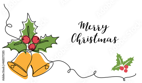 Christmas bells, handbell, jingle bells with holly berry illustration. Merry Christmas vector background. One continuous line art drawing, background, poster, banner for Christmas celebration