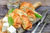Bakery .Home made  cheese pie  with phyllo pastry and organic eggs. Traditional Bulgarian banitsa with white  feta cheese
