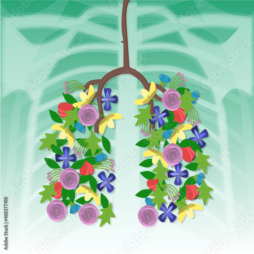 X-ray of the lungs in the form of flowers on a green background.