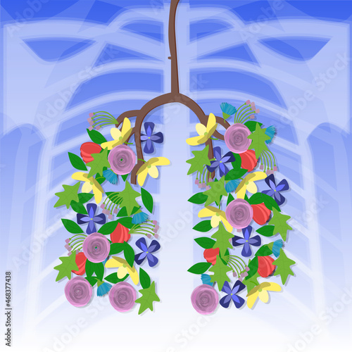 X-ray of the lungs in the form of flowers on a blue background.