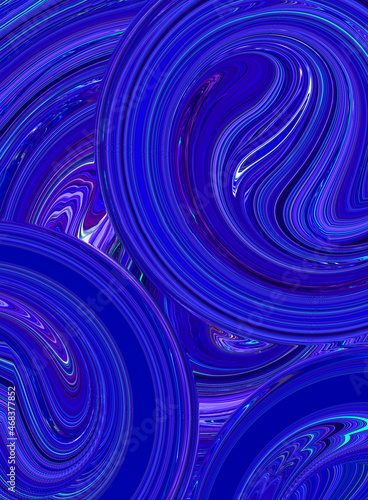 Abstract bright colorful blue background. Creative mood. Art trippy digital backdrop. Curved shapes illustration. Vibrant banner. Template. Water wave effect. Swirl. Marble texture. Whirlpool tunnel.