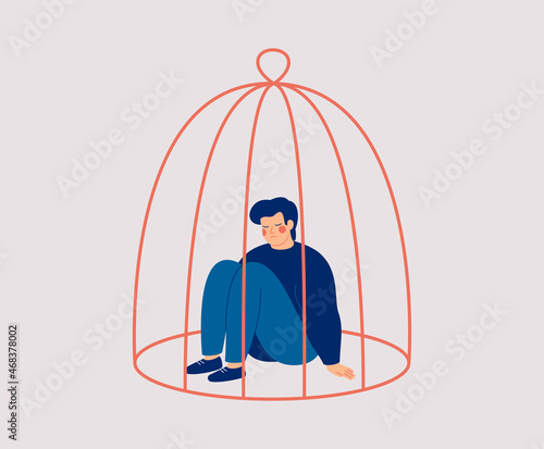 Sad man sitting inside the closed cage. Influence of lockdown on mental health. Concept of restrictions on human rights and freedoms in society. Vector illustration