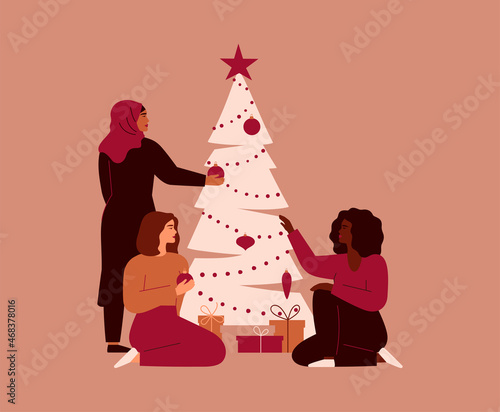 Women preparing for Christmas holidays and decorating Xmas tree. Females of different cultures and ethnicities gathered together near festive fir. Vector illustration