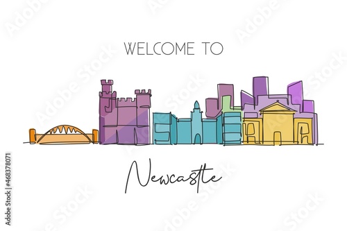 One continuous line drawing of Newcastle city skyline. Beautiful city skyscraper world landscape tourism travel vacation home wall decor poster art concept. Single line draw design vector illustration
