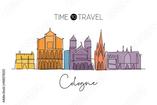 One single line drawing of Cologne city skyline. Historical city skyscraper landscape. Best destination holiday vacation home decor wall poster concept. Continuous line draw design vector illustration