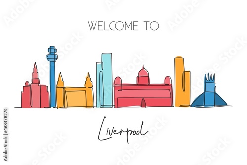 One single line drawing Liverpool city skyline. Historical city skyscraper landscape in world. Best destination home wall decor poster print concept. Continuous line draw design vector illustration