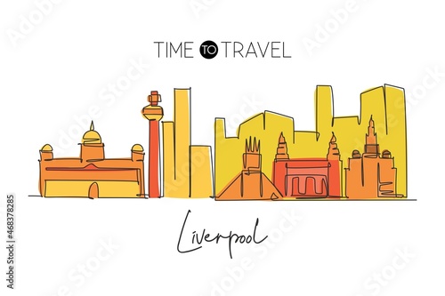 One continuous line drawing Liverpool city skyline. Beautiful Merseyside city skyscraper. World landscape tourism travel vacation home wall decor concept. Single line draw design vector illustration