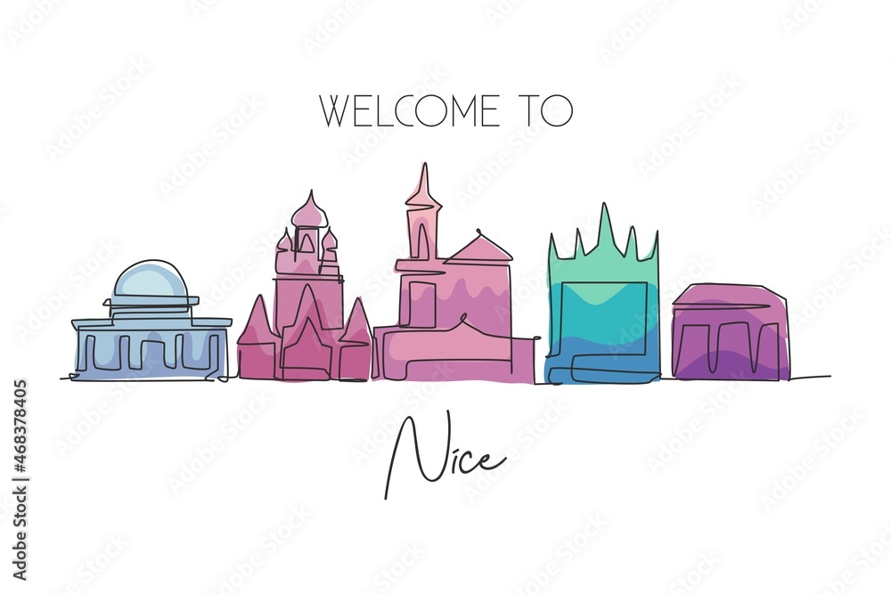 Fototapeta premium One single line drawing of Nice city skyline, France. Historical skyscraper landscape in world. Best holiday destination home wall decor poster. Trendy continuous line draw design vector illustration