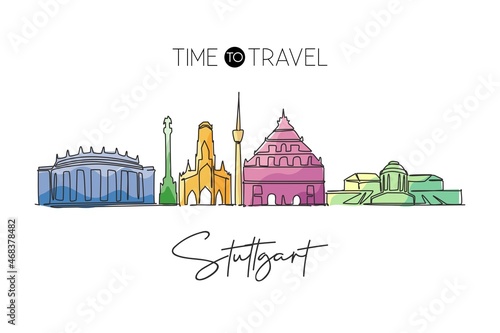 One continuous line drawing Stuttgart city skyline Germany. Beautiful skyscraper. World landscape tourism travel vacation wall decor poster concept. Stylish single line draw design vector illustration