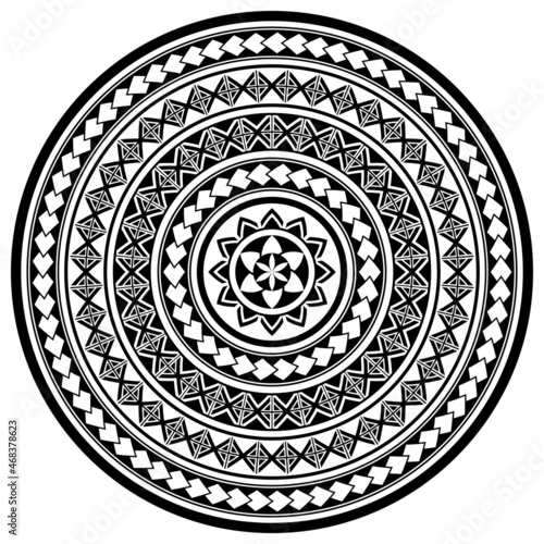 Hawaii tribal tattoo mandala vector pattern, Poylnesian folk art round design in black and white
