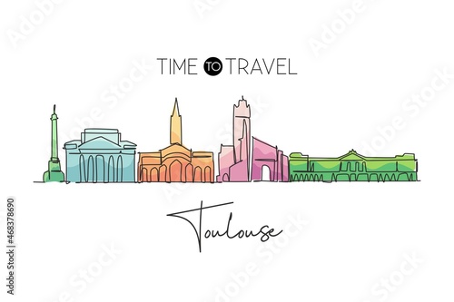 One single line drawing of Toulouse city skyline, France. Historical skyscraper landscape in world. Best holiday destination wall decor poster. Trendy continuous line draw design vector illustration