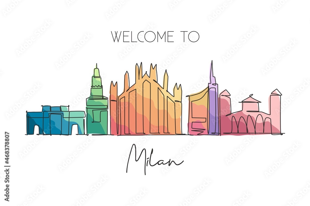 Obraz premium Single continuous line drawing of Milan city skyline, Italy. Famous city skyscraper landscape in world. World travel wall decor poster print concept. Modern one line draw design vector illustration