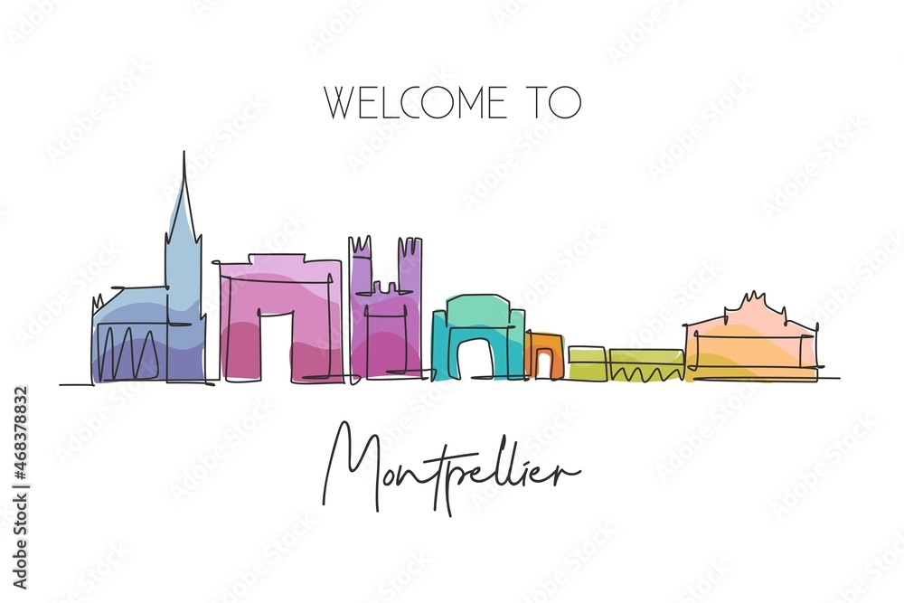 Single continuous line drawing of Montpellier city skyline, France. Famous skyscraper landscape. World travel home wall decor poster print art concept. Modern one line draw design vector illustration