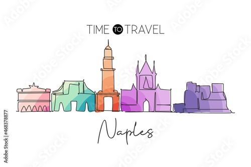 Single continuous line drawing of Naples city skyline, Italy. Famous city skyscraper landscape. World travel home wall decor poster print art concept. Modern one line draw design vector illustration