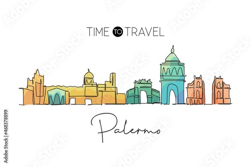 One single line drawing Palermo city skyline, Italy. Historical skyscraper landscape in world. Best holiday destination home wall decor poster. Trendy continuous line draw design vector illustration