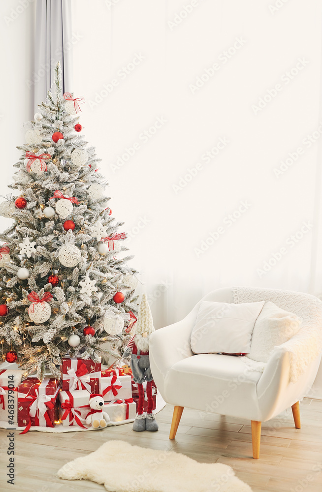 Christmas room. Red and white decor christmas tree background. New Year celebration. Merry Christmas and Happy New Year. Christmas room. Red and white decor christmas tree background. New Year celebration. Merry Christmas and Happy New Year.