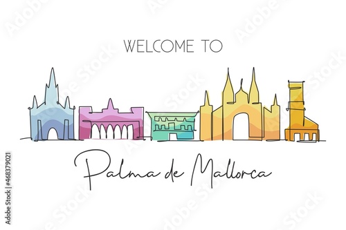 One single line drawing of Palma de Mallorca city skyline Spain. Historical skyscraper landscape in world. Best holiday destination wall decor poster. Continuous line draw design vector illustration