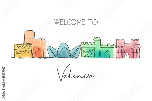 Single continuous line drawing of Valencia city skyline, Spain. Famous skyscraper and landscape postcard. World travel wall decor poster print concept. Modern one line draw design vector illustration photo