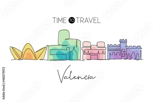 One continuous line drawing of Valencia city skyline Spain. Beautiful skyscraper postcard. World landscape tourism travel wall decor poster concept. Stylish single line draw design vector illustration