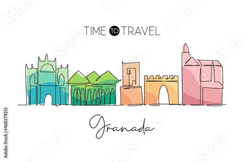 One single line drawing of Granada city skyline, Spain. Historical landscape in world postcard. Best holiday destination wall decor poster art. Trendy continuous line draw design vector illustration