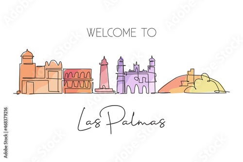One single line drawing of Las Palmas city skyline Spain. Historical skyscraper landscape in world postcard. Best holiday destination wall decor poster. Continuous line draw design vector illustration
