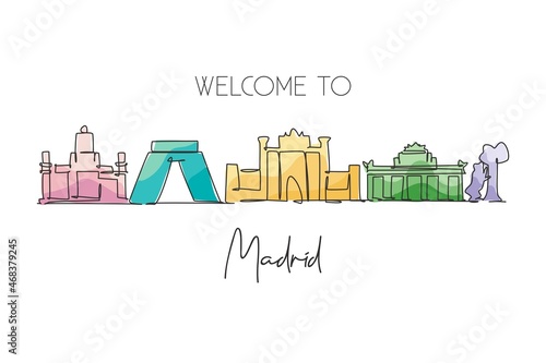 One continuous line drawing of Madrid city skyline, Spain. Beautiful skyscraper. World landscape tourism travel vacation wall decor poster concept. Stylish single line draw design vector illustration