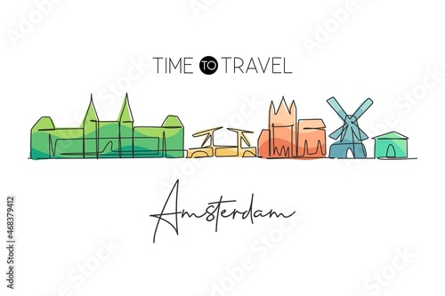 One continuous line drawing of Amsterdam city skyline, Netherlands. Beautiful city skyscraper. World landscape tourism travel vacation wall decor poster. Single line draw design vector illustration