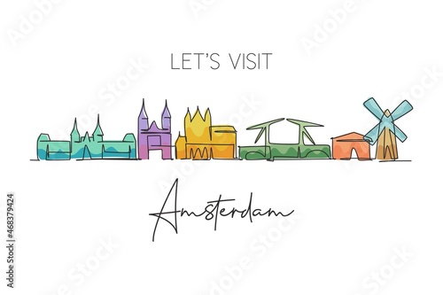 One single line drawing of Amsterdam city skyline, Netherlands. Historical skyscraper landscape in world. Best holiday destination wall decor poster. Continuous line draw design vector illustration