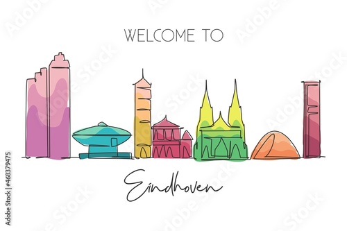 Single continuous line drawing of Eindhoven city skyline, Netherlands. Famous skyscraper and landscape postcard. World travel wall decor poster concept. Modern one line draw design vector illustration