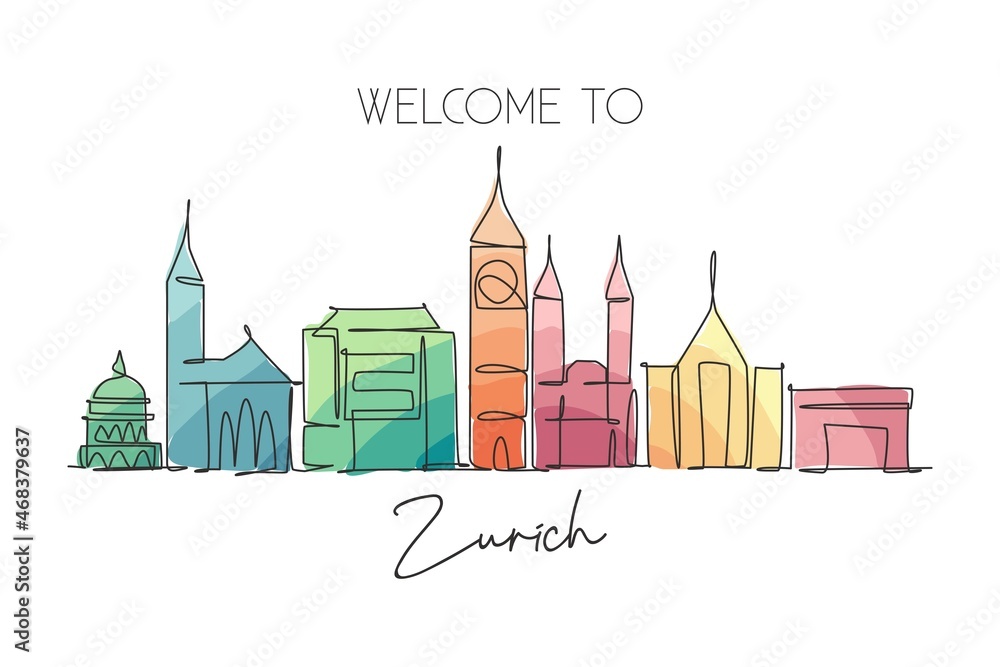 One continuous line drawing of Zurich city skyline, Switzerland. Beautiful skyscraper. World landscape tourism travel home wall decor poster print. Stylish single line draw design vector illustration