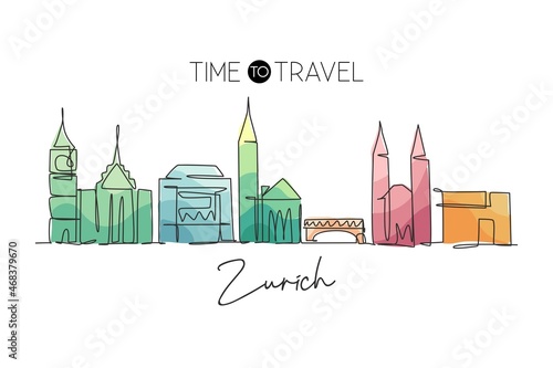 Single continuous line drawing of Zurich city skyline, Switzerland. Famous skyscraper landscape postcard. World travel concept home wall decor poster. Modern one line draw design vector illustration photo