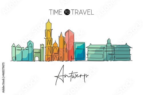 One continuous line drawing of Antwerp city skyline, Belgium. Beautiful skyscraper. World landscape tourism travel vacation wall decor poster print. Stylish single line draw design vector illustration