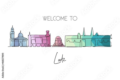 Single continuous line drawing of Lodz city skyline, Poland. Famous skyscraper landscape postcard. World travel concept home wall decor poster. Editable modern one line draw design vector illustration