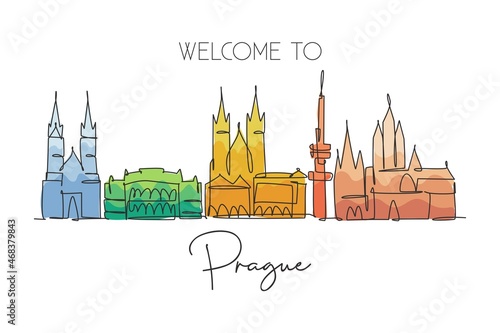 One continuous line drawing of Prague city skyline, Czech Republic. Beautiful landmark. World landscape tourism and travel vacation. Editable stylish stroke single line draw design vector illustration