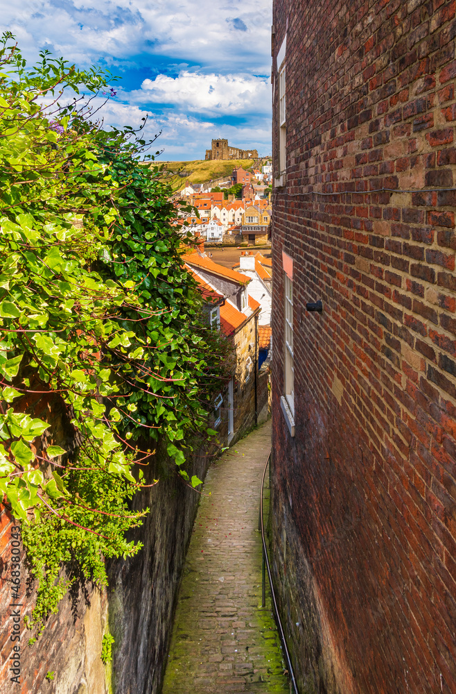 Whitby Abbey view along narrow alley