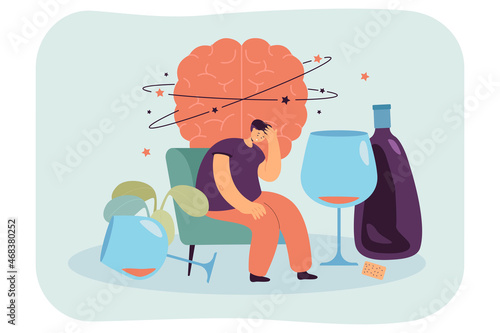 Strong hangover of man after drinking alcohol. Drunk tiny person sitting with bottle and glasses of liquor and dizzy brain flat vector illustration. Addiction, problem of health, bad habit concept