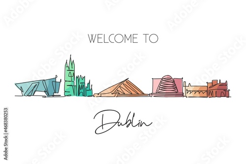 One continuous line drawing of Dublin city skyline, Republic of Ireland. Beautiful landmark. World landscape tour travel vacation wall decor poster. Stylish single line draw design vector illustration