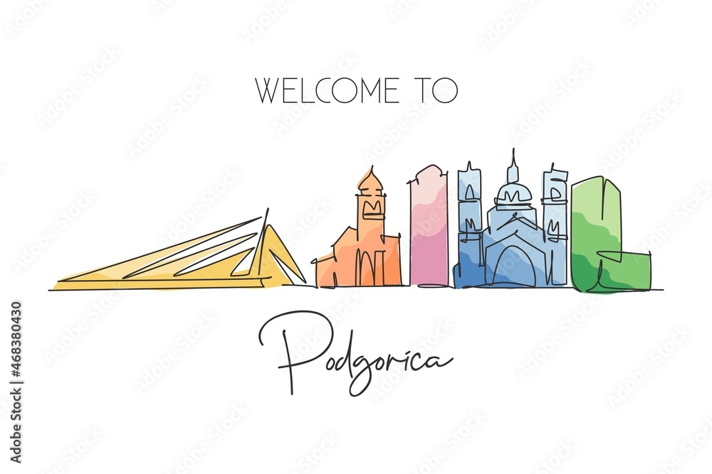 Naklejka premium One continuous line drawing of Podgorica city skyline, Montenegro. Beautiful landmark. World landscape tourism travel wall decor poster print art. Stylish single line draw design vector illustration