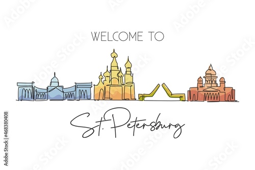 One continuous line drawing of St. Petersburg city skyline, Russia. Beautiful landmark. World landscape tourism and travel vacation. Editable stylish stroke single line draw design vector illustration