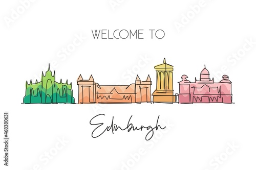 One continuous line drawing of Edinburgh city skyline, Scotland. Beautiful landmark. World landscape tourism and travel vacation. Editable stylish stroke single line draw design vector illustration photo