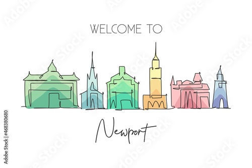 One single line drawing of Newport city skyline, Wales. Historical town landscape. Best holiday destination home wall decor poster print art. Trendy continuous line draw design vector illustration