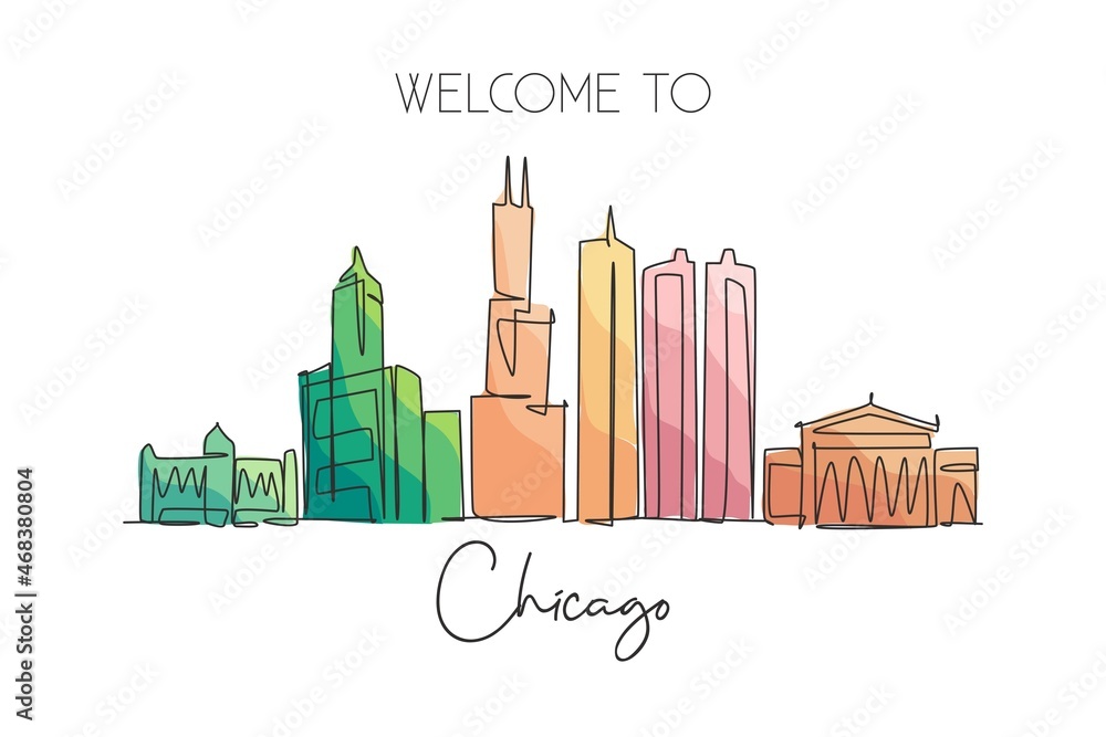 Single continuous line drawing of Chicago city skyline, USA. Famous city scraper and landscape. World travel concept home wall decor poster print art. Modern one line draw design vector illustration