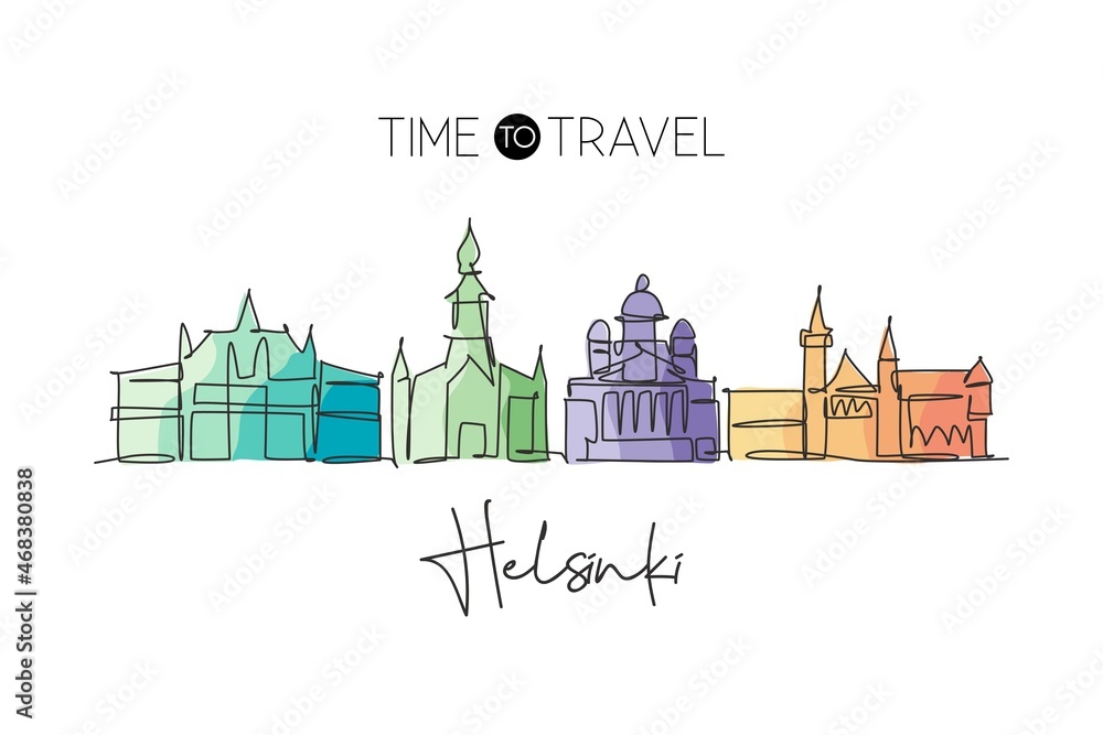 Fototapeta premium One continuous line drawing of Helsinki city skyline, Finland. Beautiful landmark. World landscape tourism travel vacation poster. Editable stylish stroke single line draw design vector illustration